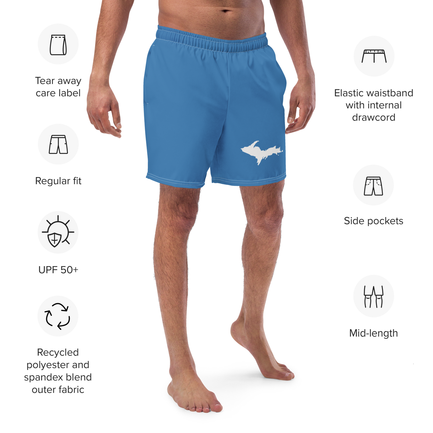 Michigan Upper Peninsula Men's Swim Trunks (w/ UP Outline ) | Lake Superior Blue