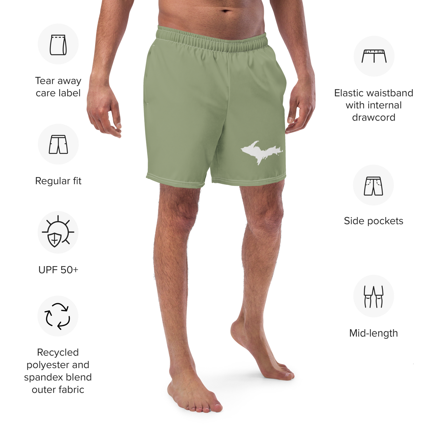 Michigan Upper Peninsula Men's Swim Trunks (w/ UP Outline ) | Beachgrass Green