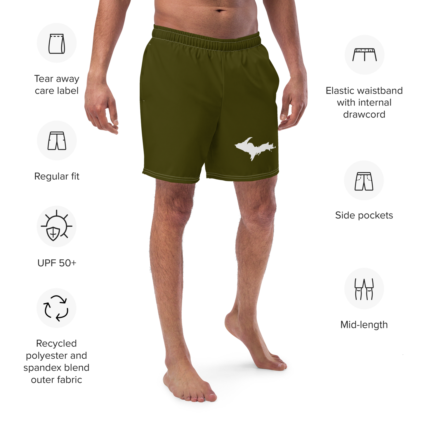 Michigan Upper Peninsula Men's Swim Trunks (w/ UP Outline ) | Military Green