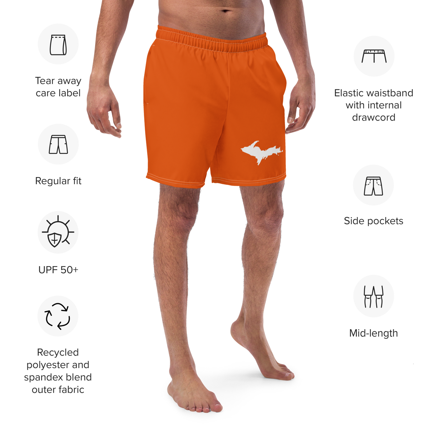 Michigan Upper Peninsula Men's Swim Trunks (w/ UP Outline ) | Maple Leaf Orange