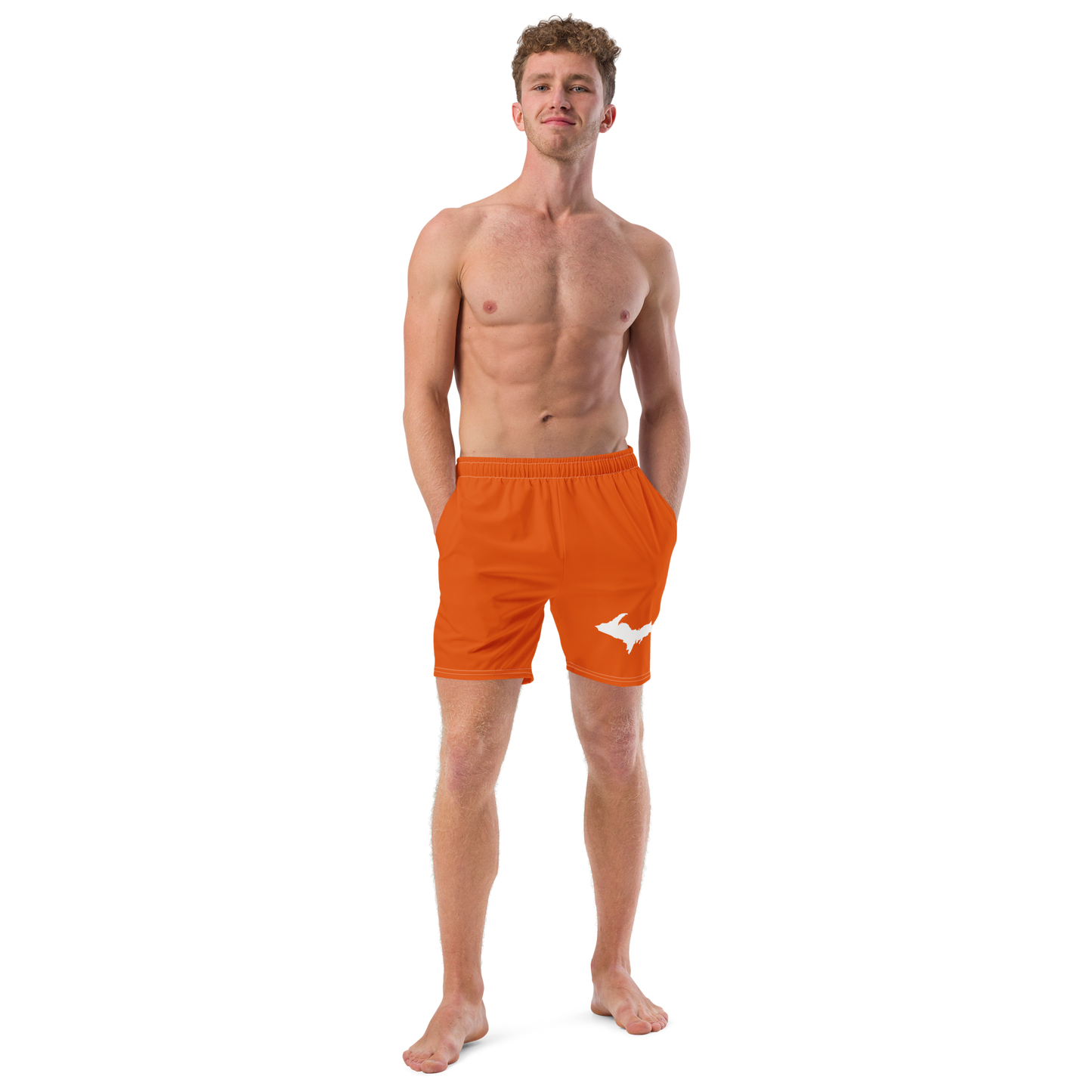 Michigan Upper Peninsula Men's Swim Trunks (w/ UP Outline ) | Maple Leaf Orange