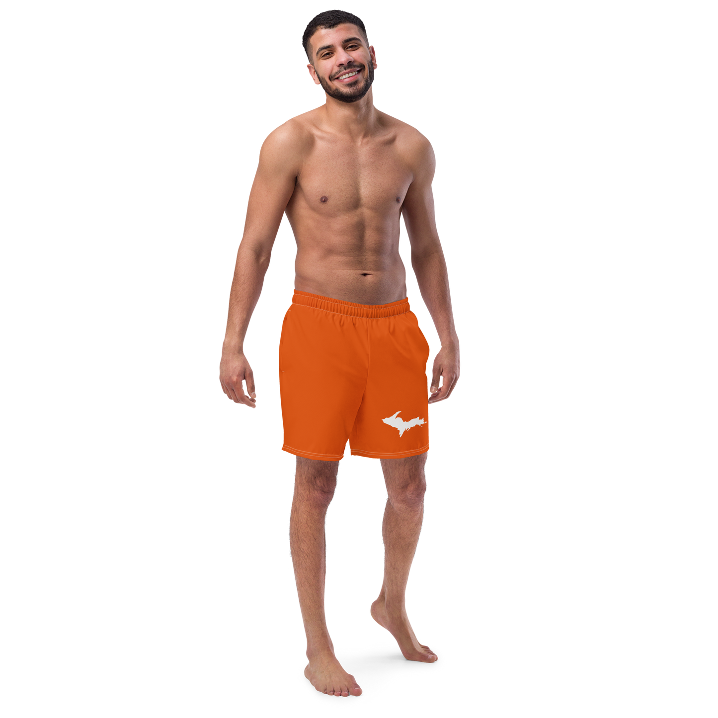 Michigan Upper Peninsula Men's Swim Trunks (w/ UP Outline ) | Maple Leaf Orange