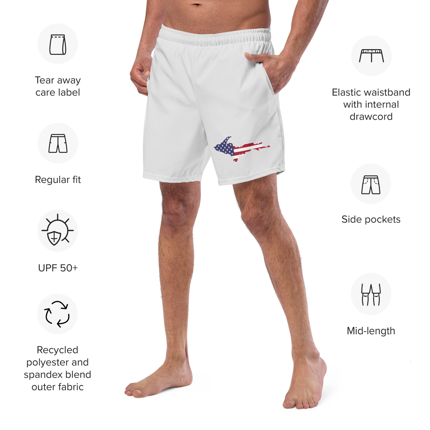 Michigan Upper Peninsula Men's Swim Trunks (w/ UP USA Flag ) | Birch Bark White