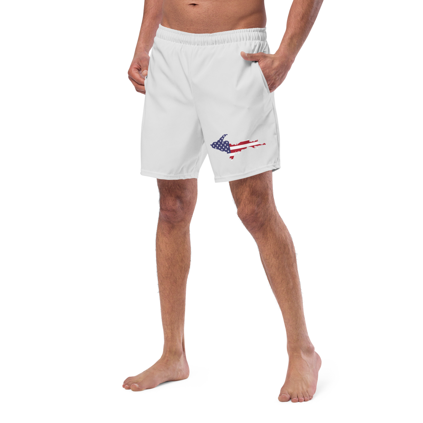 Michigan Upper Peninsula Men's Swim Trunks (w/ UP USA Flag ) | Birch Bark White