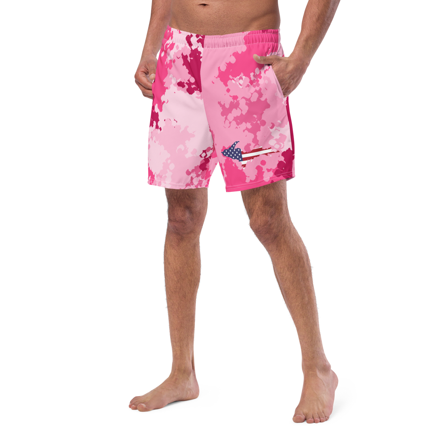 Michigan Upper Peninsula Men's Swim Trunks (w/ UP USA Flag ) | Pink Camo