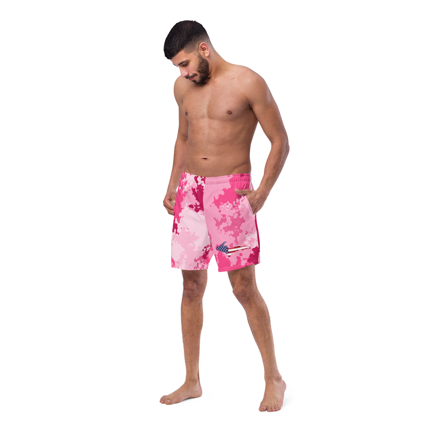 Michigan Upper Peninsula Men's Swim Trunks (w/ UP USA Flag ) | Pink Camo