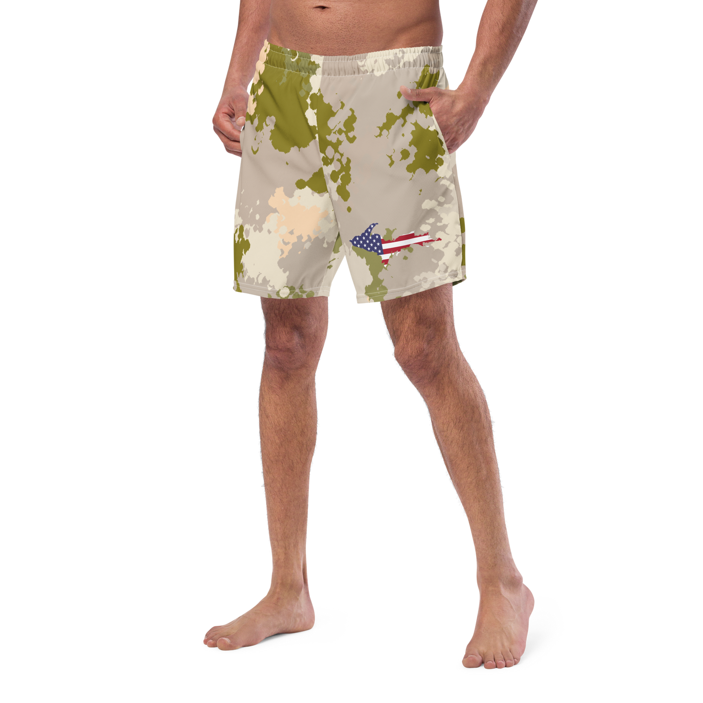 Michigan Upper Peninsula Men's Swim Trunks (w/ UP USA Flag ) | Rosy Mound Camo