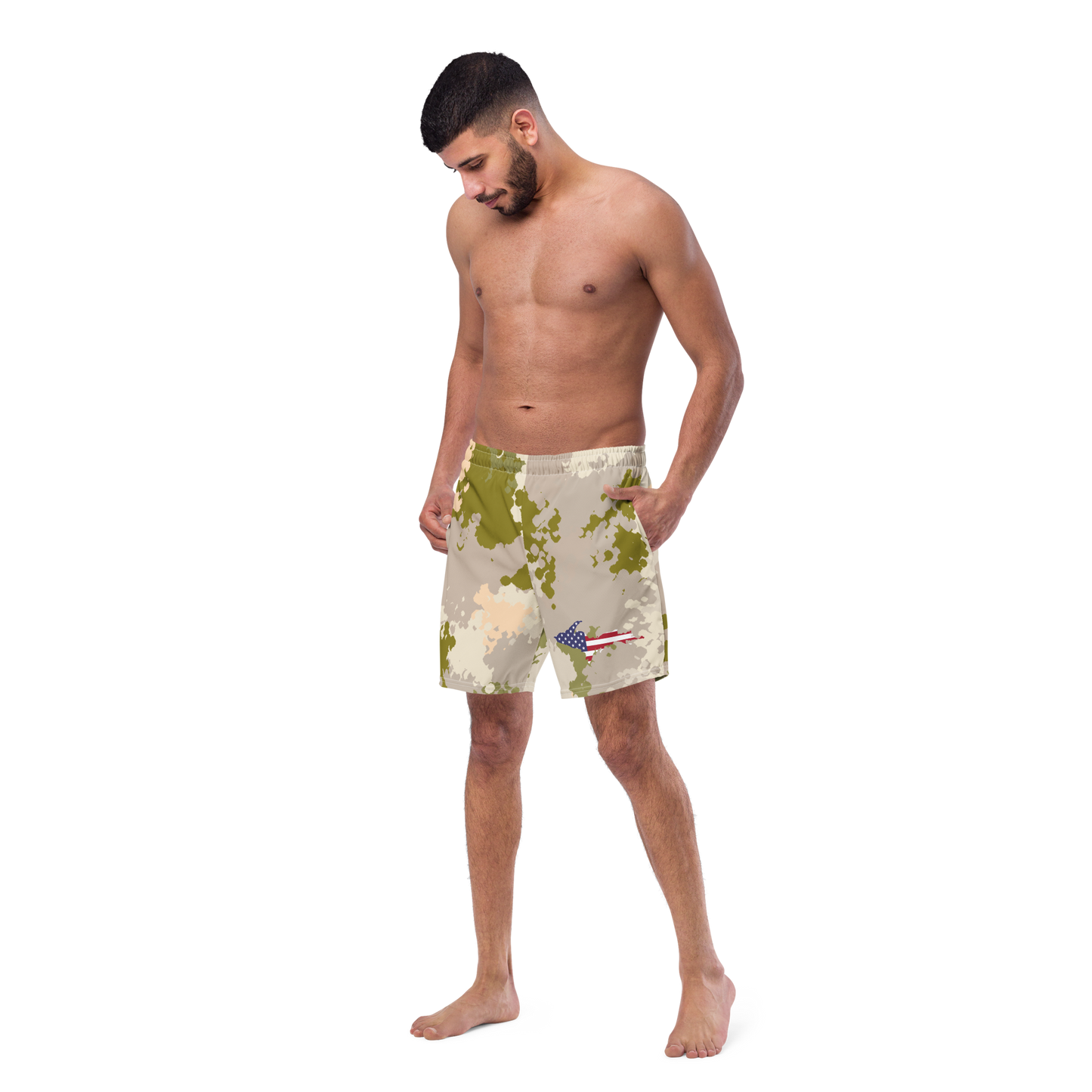 Michigan Upper Peninsula Men's Swim Trunks (w/ UP USA Flag ) | Rosy Mound Camo