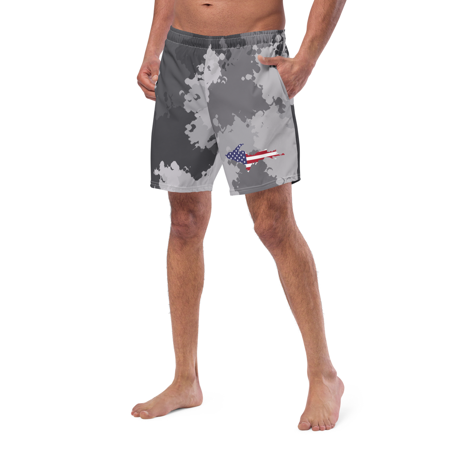 Michigan Upper Peninsula Men's Swim Trunks (w/ UP USA Flag ) | Iron Ore Camo