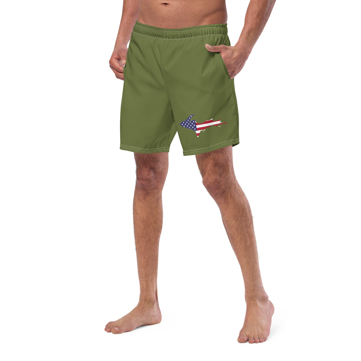 Michigan Upper Peninsula Men's Swim Trunks (w/ UP USA Flag ) | Beachgrass Green