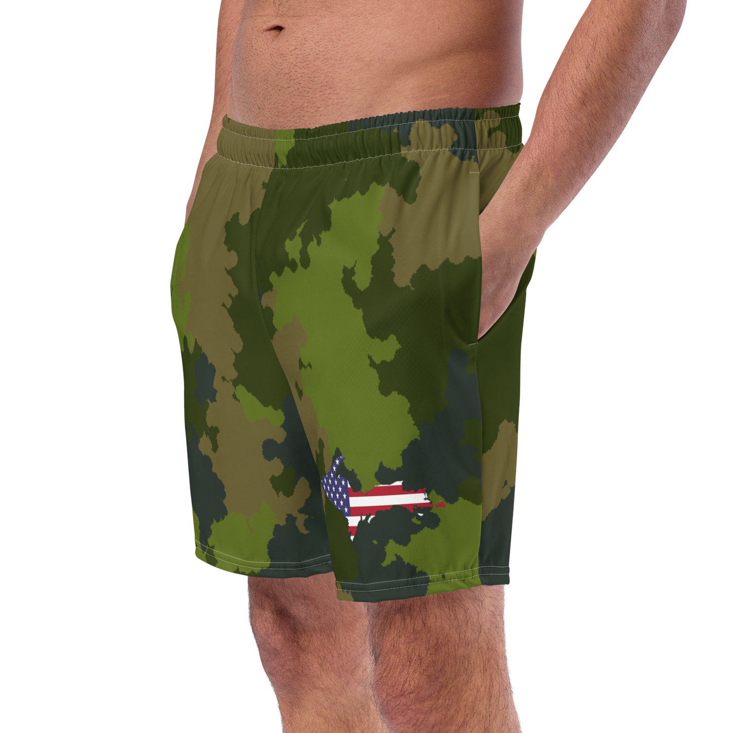 Michigan Upper Peninsula Men's Swim Trunks (w/ UP USA Flag ) | Woodland Camo