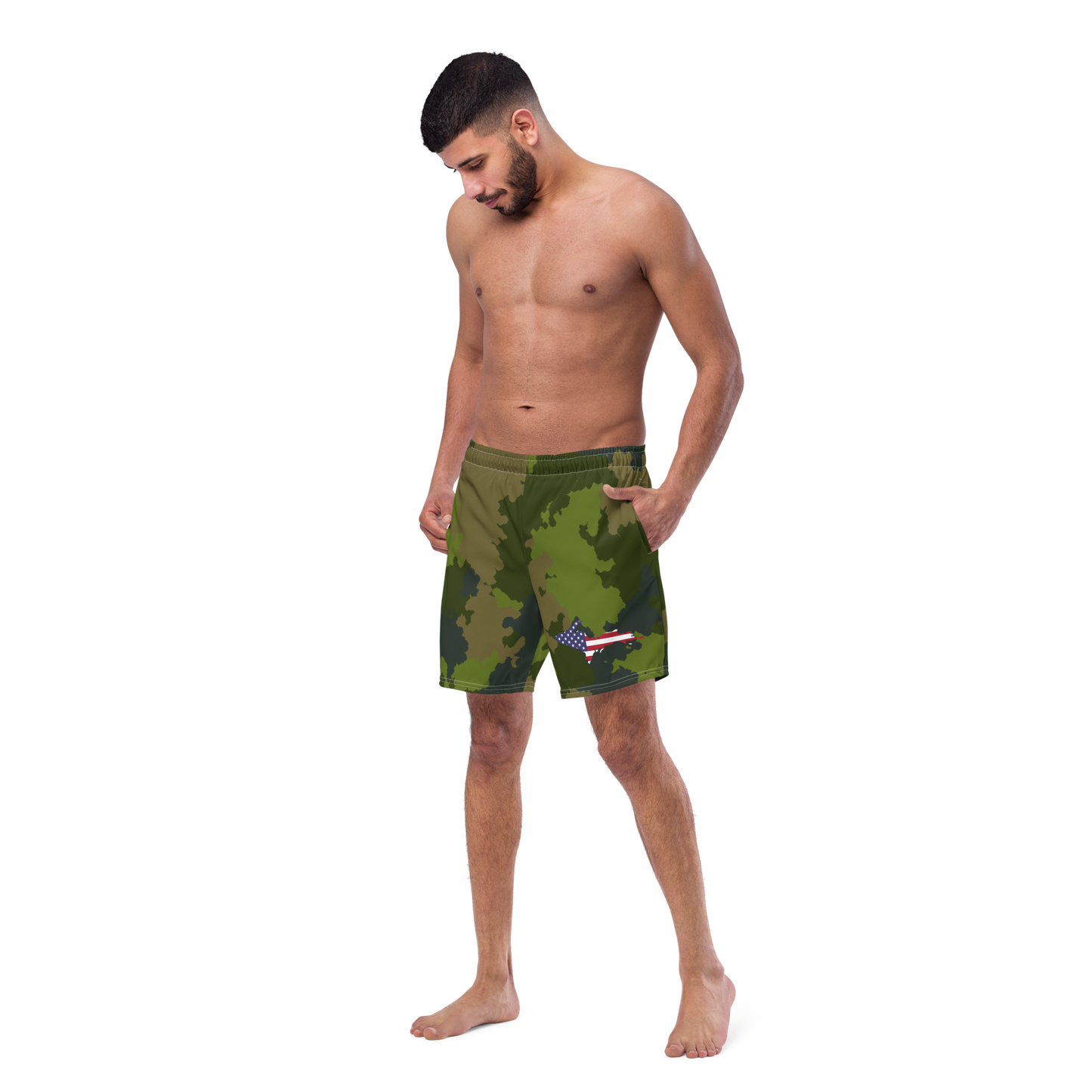 Michigan Upper Peninsula Men's Swim Trunks (w/ UP USA Flag ) | Woodland Camo