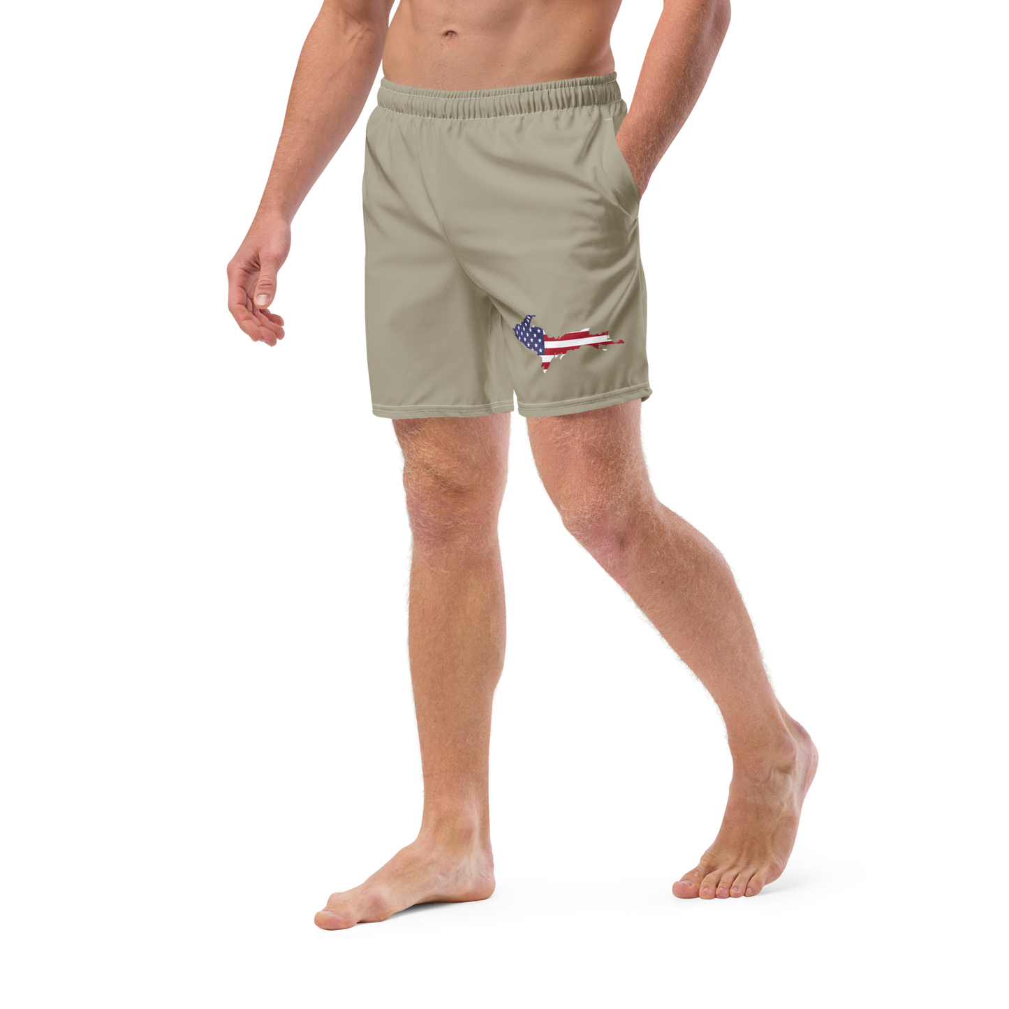 Michigan Upper Peninsula Men's Swim Trunks (w/ UP USA Flag ) | Petoskey Stone Beige