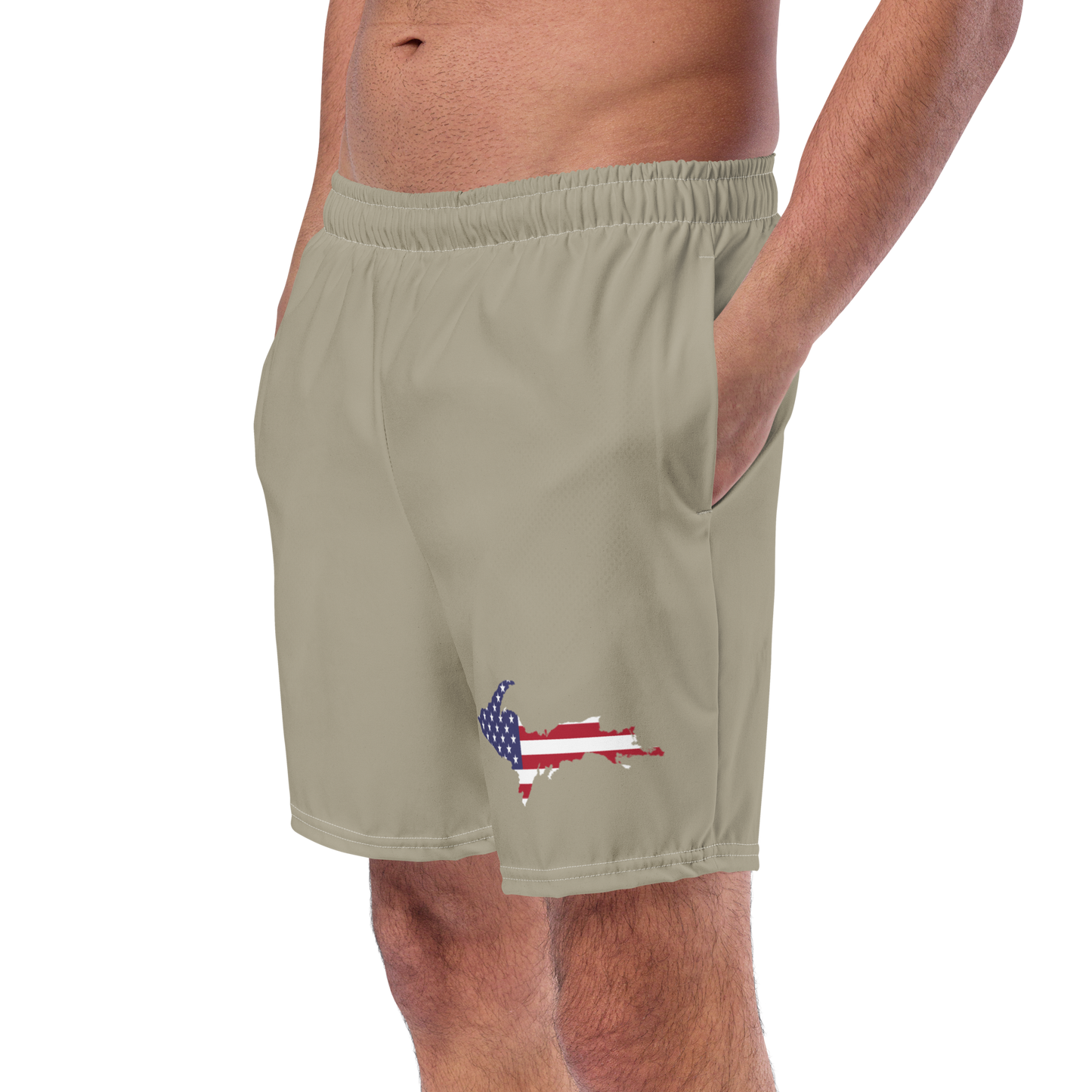 Michigan Upper Peninsula Men's Swim Trunks (w/ UP USA Flag ) | Petoskey Stone Beige