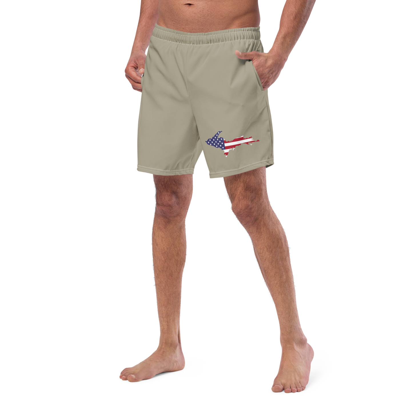 Michigan Upper Peninsula Men's Swim Trunks (w/ UP USA Flag ) | Petoskey Stone Beige