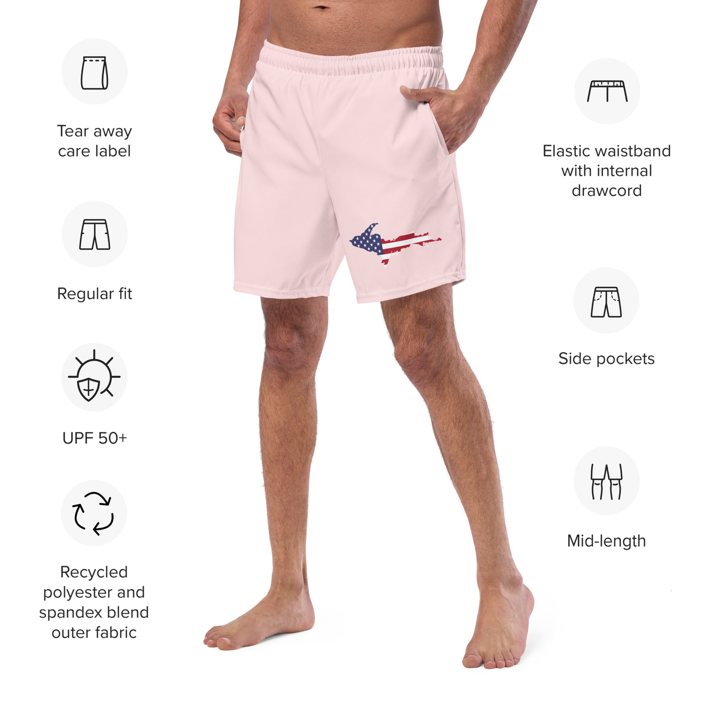 Michigan Upper Peninsula Men's Swim Trunks (w/ UP USA Flag ) | Pale Pink