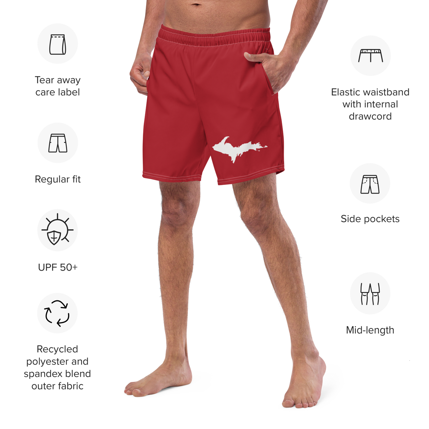 Michigan Upper Peninsula Men's Swim Trunks (w/ UP Outline) | Thimbleberry Red