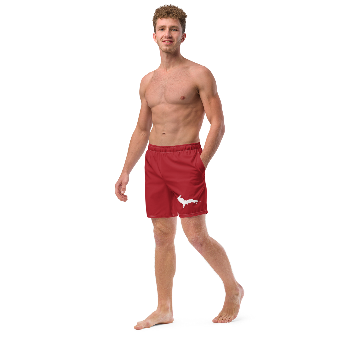 Michigan Upper Peninsula Men's Swim Trunks (w/ UP Outline) | Thimbleberry Red