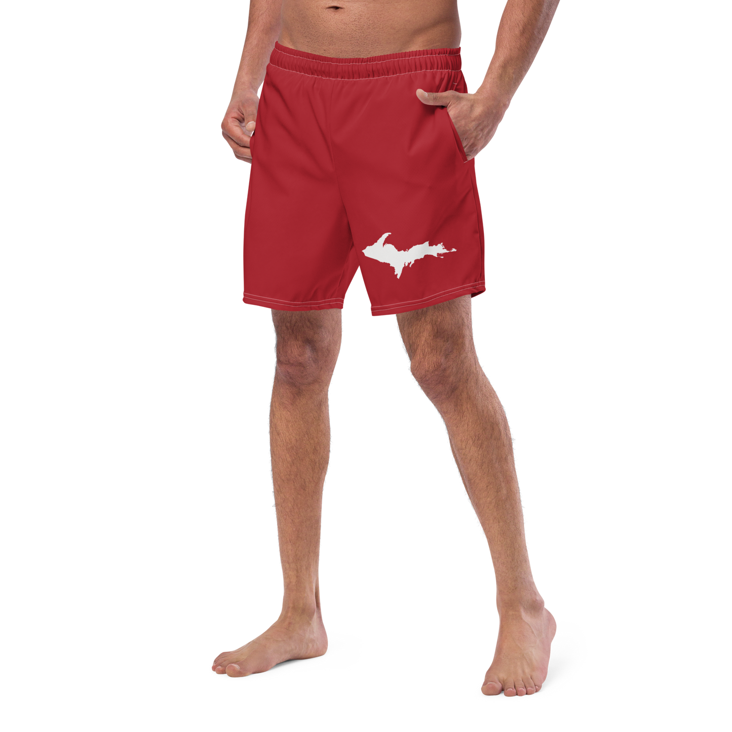 Michigan Upper Peninsula Men's Swim Trunks (w/ UP Outline) | Thimbleberry Red