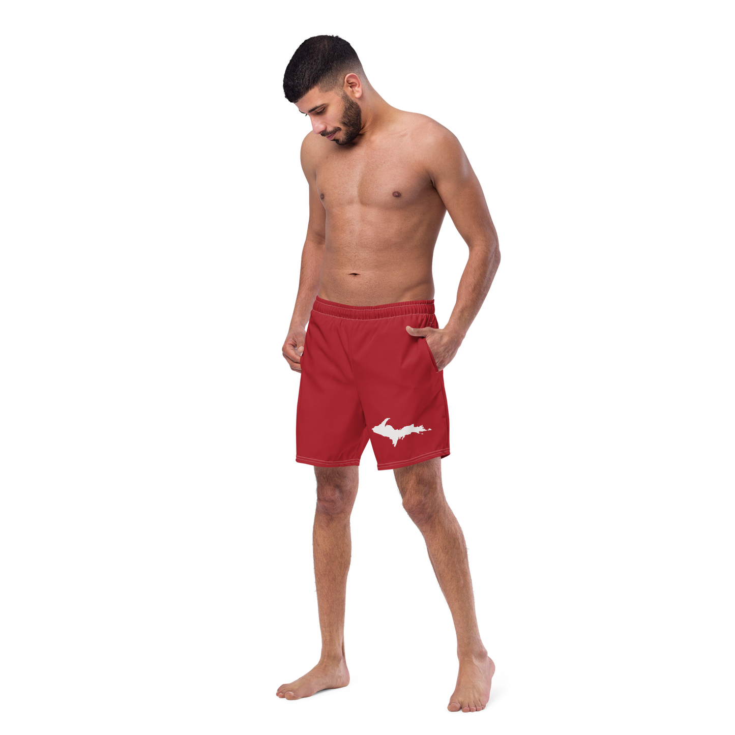 Michigan Upper Peninsula Men's Swim Trunks (w/ UP Outline) | Thimbleberry Red