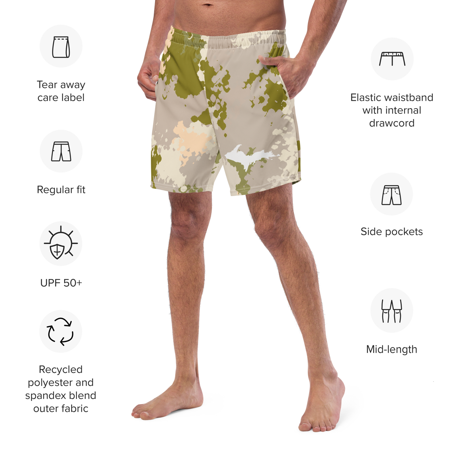 Michigan Upper Peninsula Men's Swim Trunks (w/ UP Outline) | Rosy Mound Camo