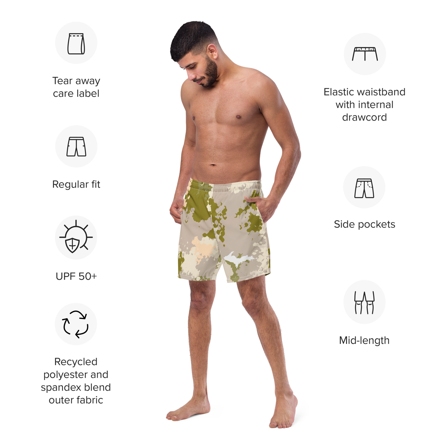 Michigan Upper Peninsula Men's Swim Trunks (w/ UP Outline) | Rosy Mound Camo