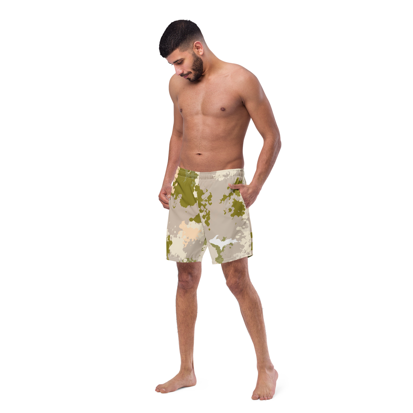 Michigan Upper Peninsula Men's Swim Trunks (w/ UP Outline) | Rosy Mound Camo