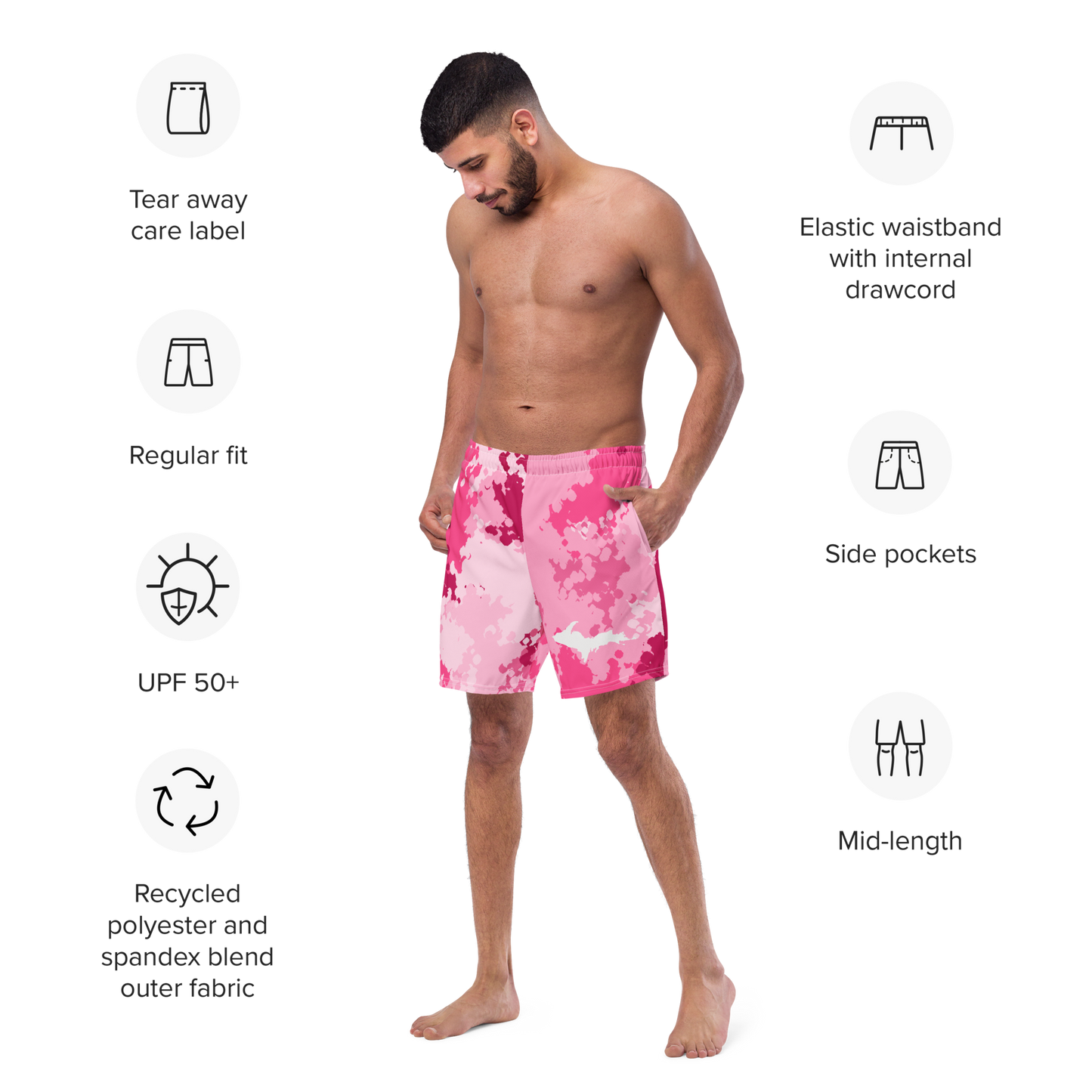 Michigan Upper Peninsula Men's Swim Trunks (w/ UP Outline) | Pink Camo