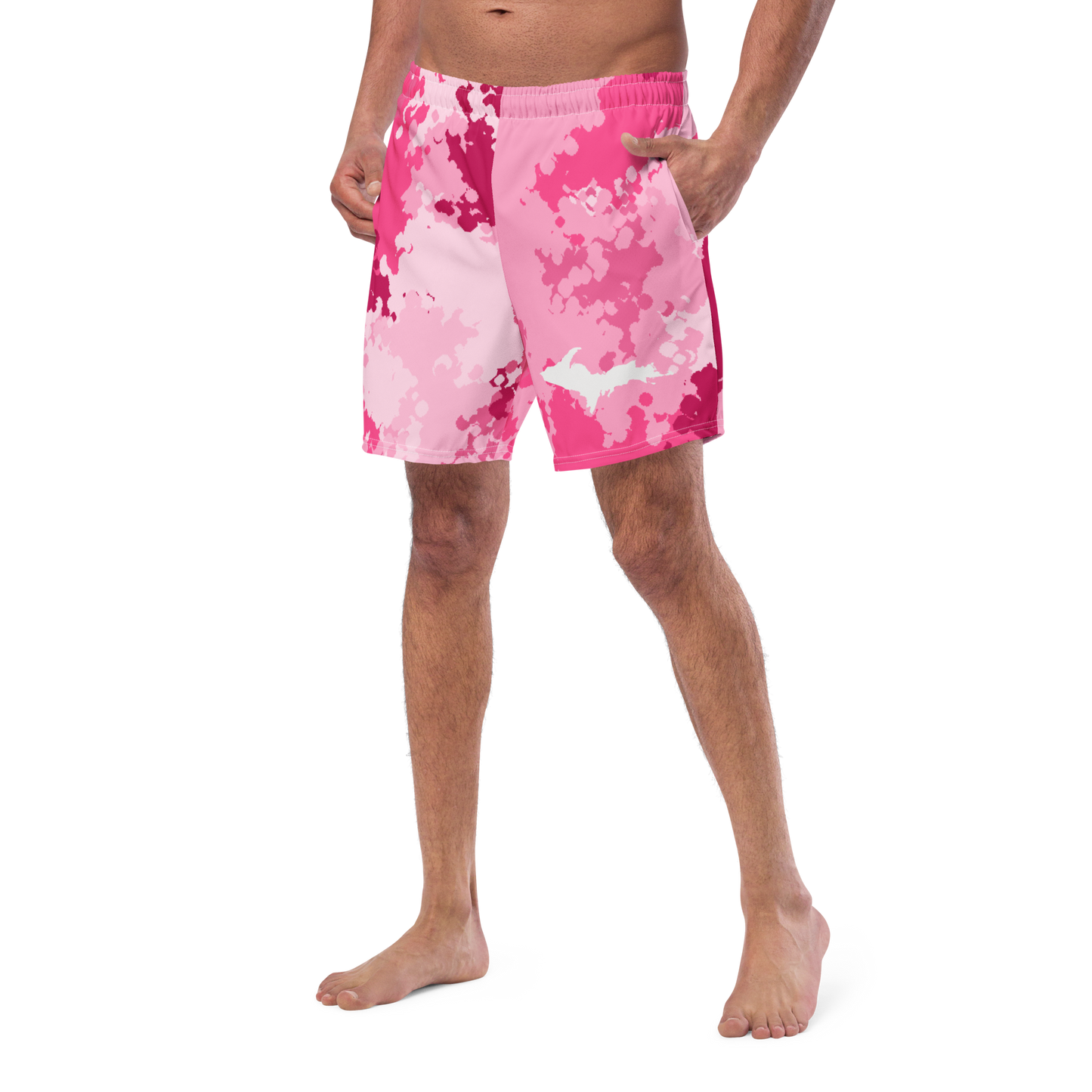 Michigan Upper Peninsula Men's Swim Trunks (w/ UP Outline) | Pink Camo