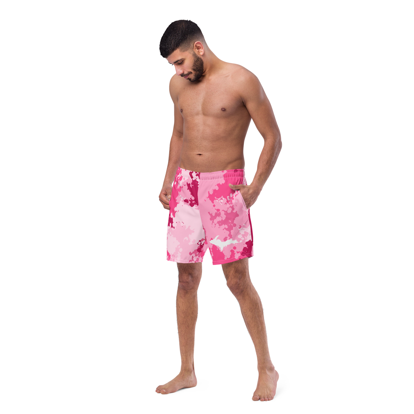 Michigan Upper Peninsula Men's Swim Trunks (w/ UP Outline) | Pink Camo