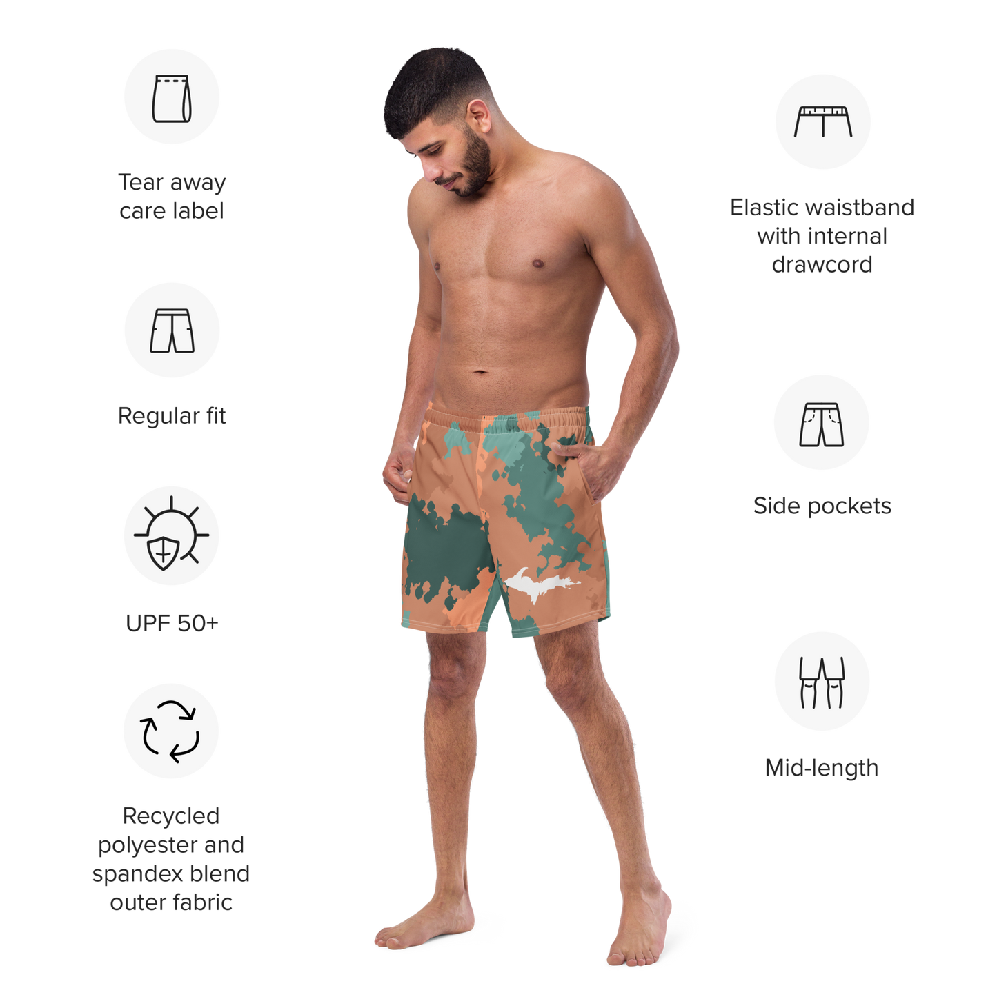 Michigan Upper Peninsula Men's Swim Trunks (w/ UP Outline) | Copper Country Camo