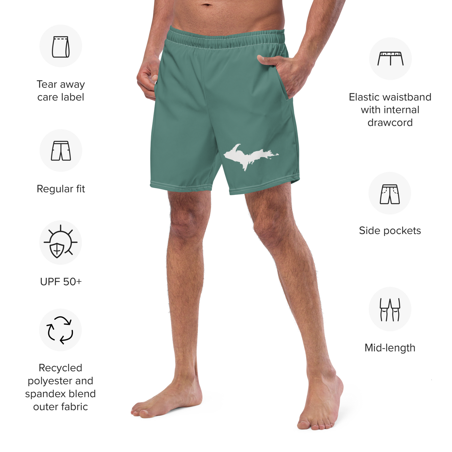 Michigan Upper Peninsula Men's Swim Trunks (w/ UP Outline) | Copper Green