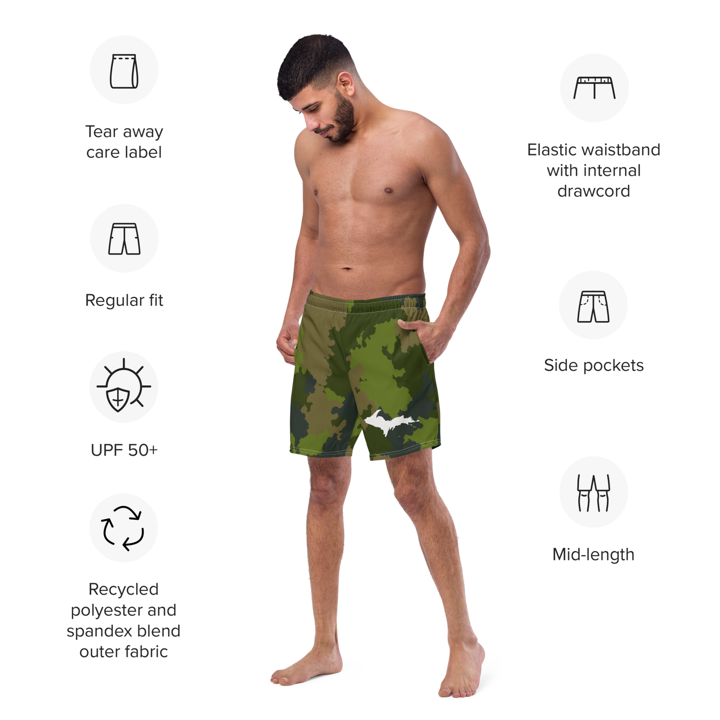 Michigan Upper Peninsula Men's Swim Trunks (w/ UP Outline ) | Woodland Camo