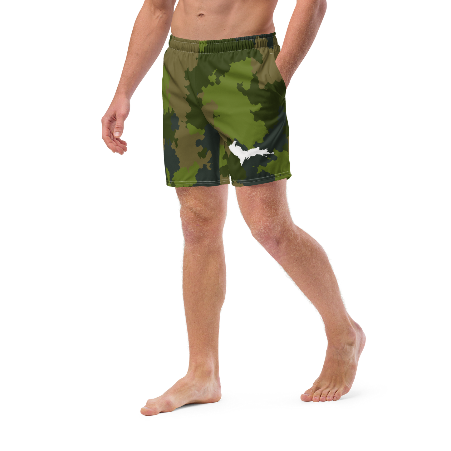 Michigan Upper Peninsula Men's Swim Trunks (w/ UP Outline ) | Woodland Camo