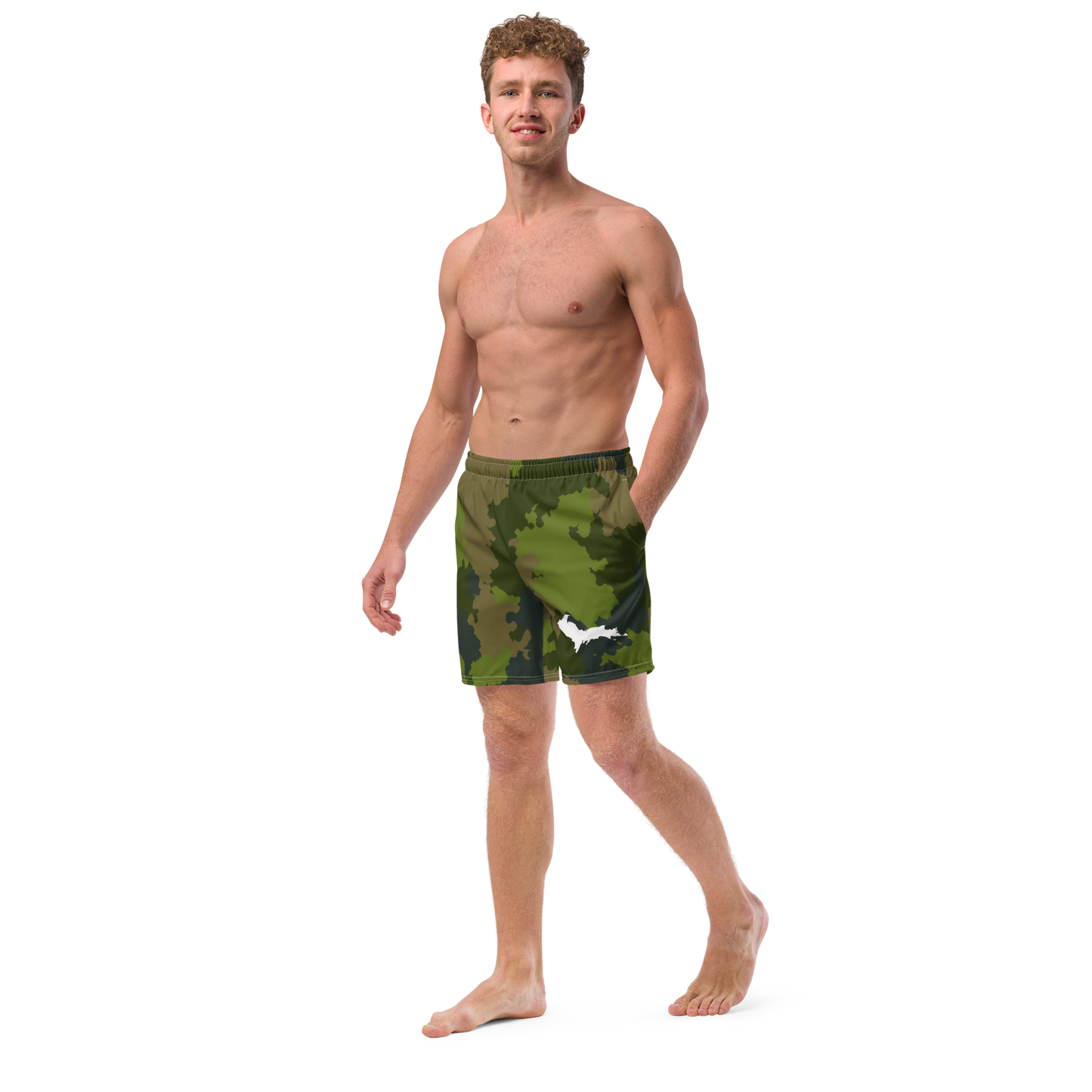 Michigan Upper Peninsula Men's Swim Trunks (w/ UP Outline ) | Woodland Camo