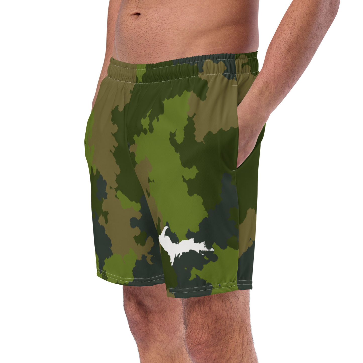 Michigan Upper Peninsula Men's Swim Trunks (w/ UP Outline ) | Woodland Camo