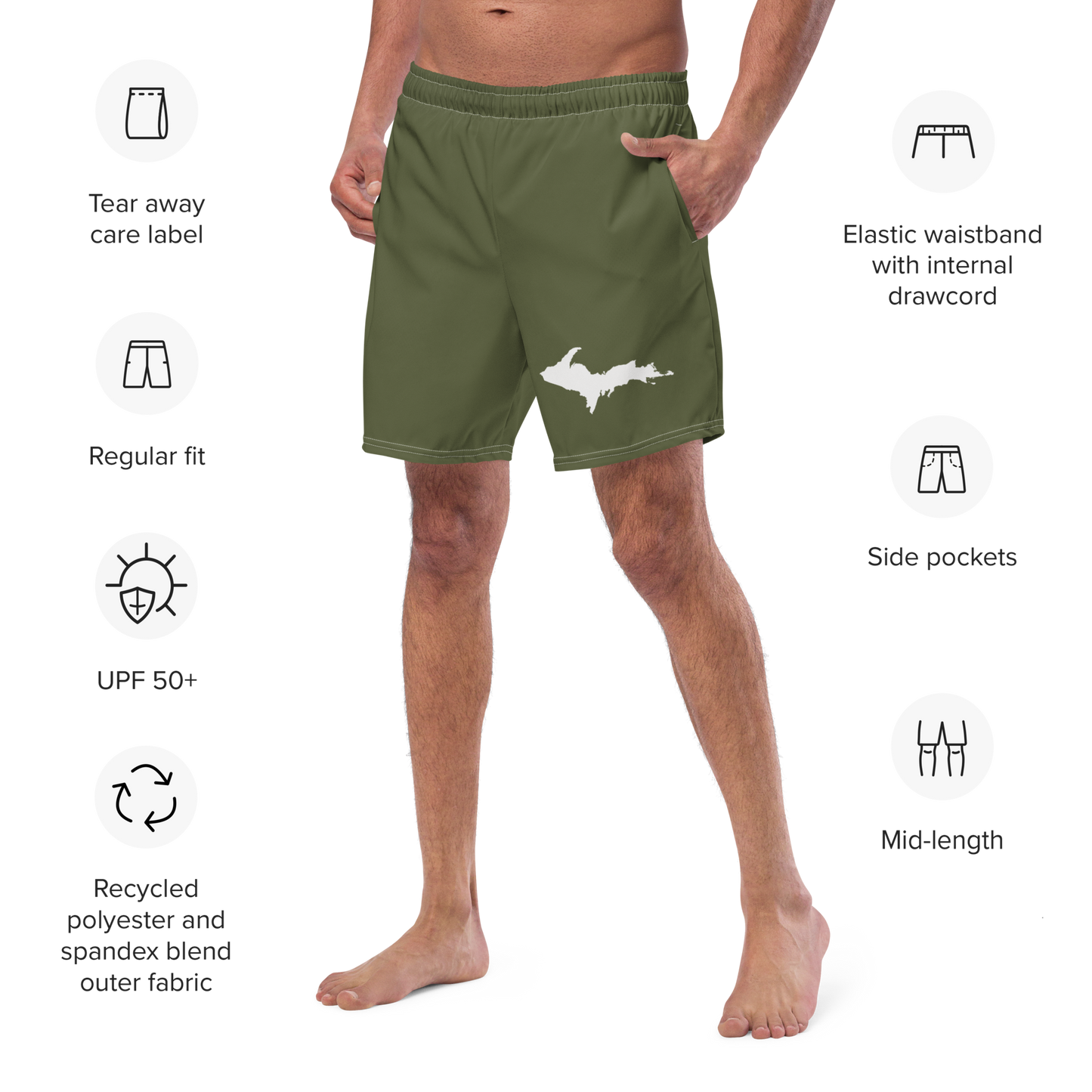 Michigan Upper Peninsula Men's Swim Trunks (w/ UP Outline ) | Army Green