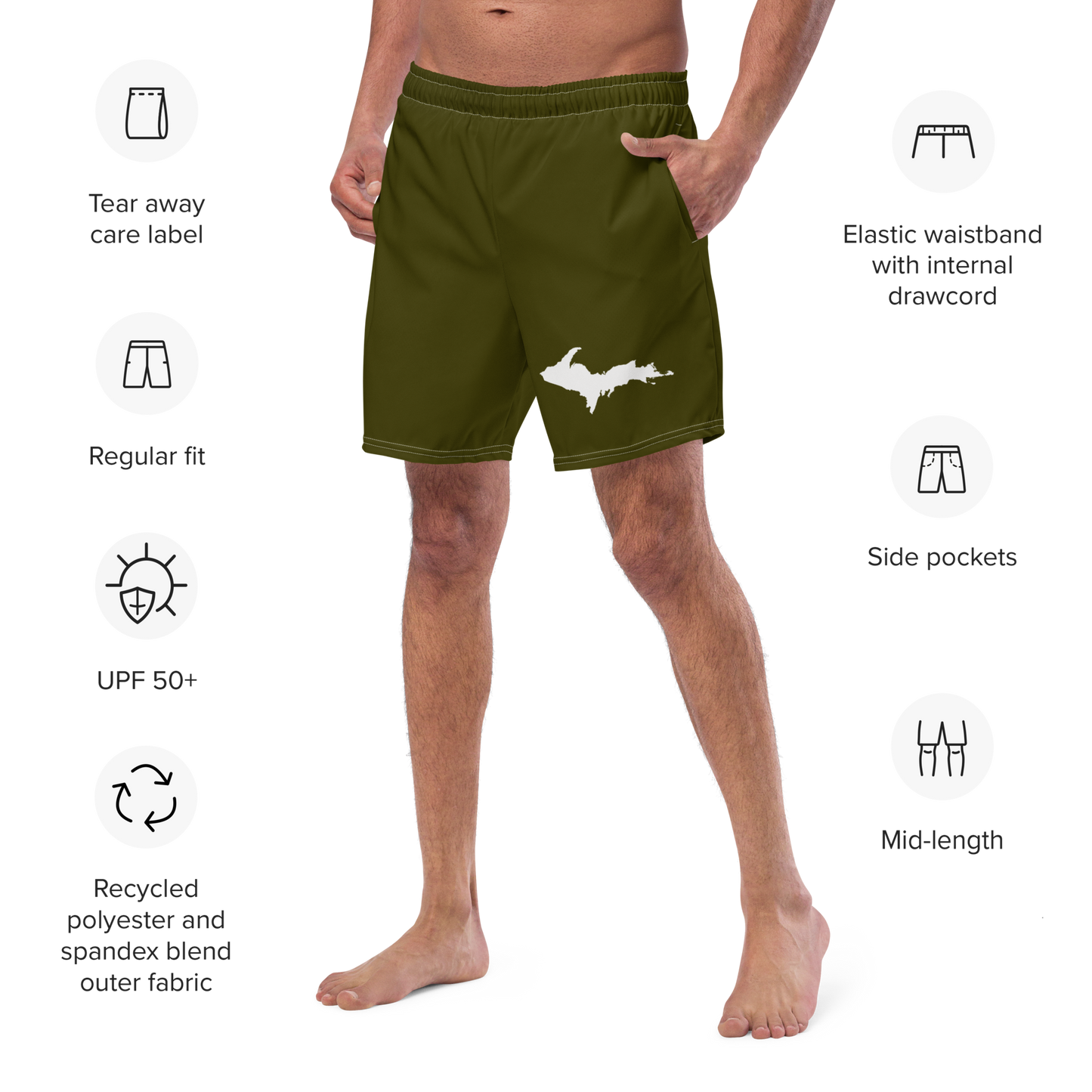 Michigan Upper Peninsula Men's Swim Trunks (w/ UP Outline ) | Military Green