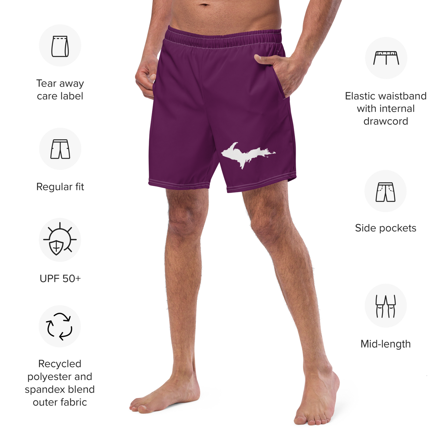 Michigan Upper Peninsula Men's Swim Trunks (w/ UP Outline ) | Tyrian Purple