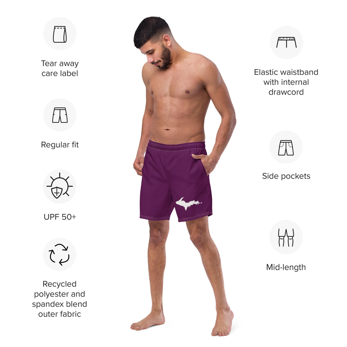 Michigan Upper Peninsula Men's Swim Trunks (w/ UP Outline ) | Tyrian Purple