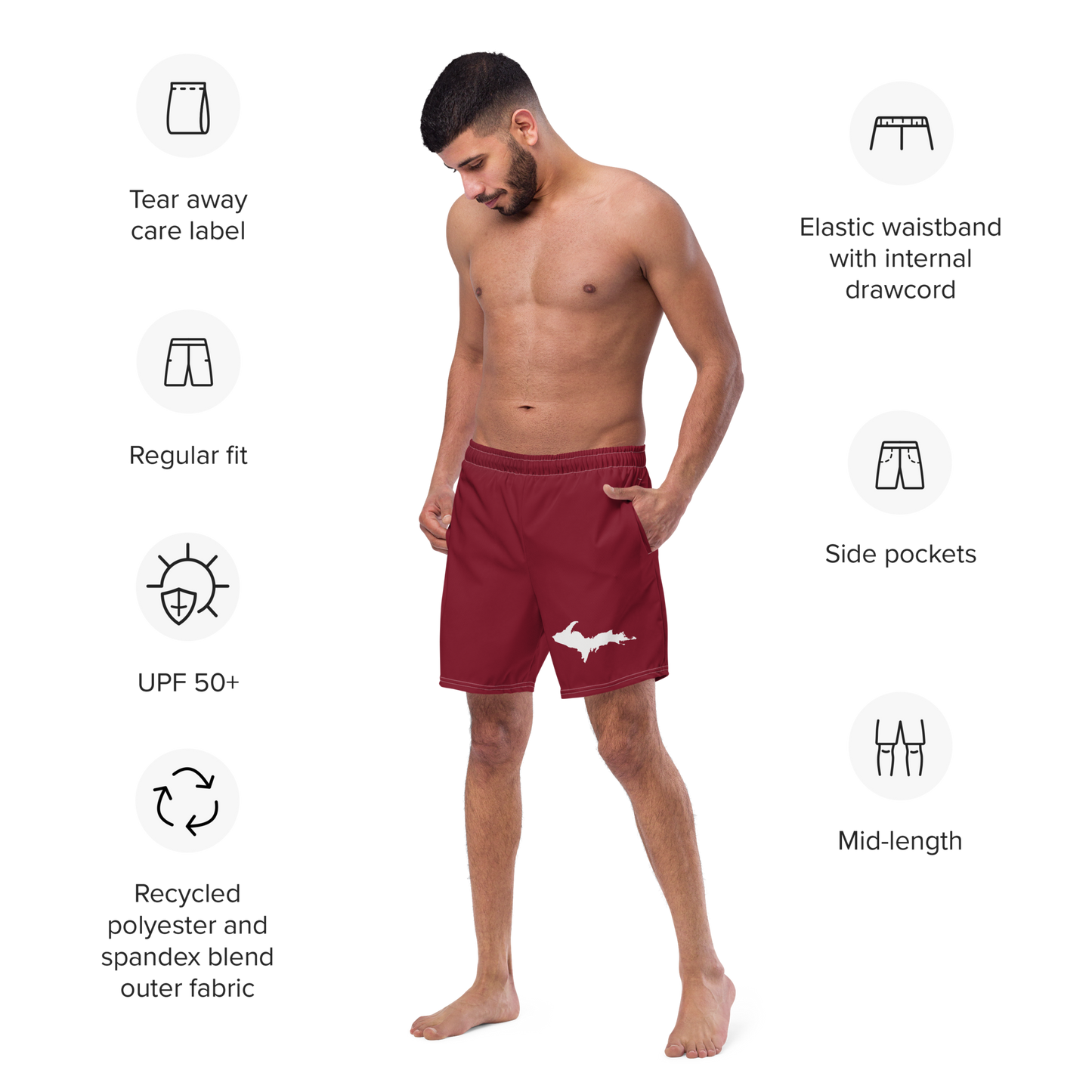 Michigan Upper Peninsula Men's Swim Trunks (w/ UP Outline ) | Burgundy