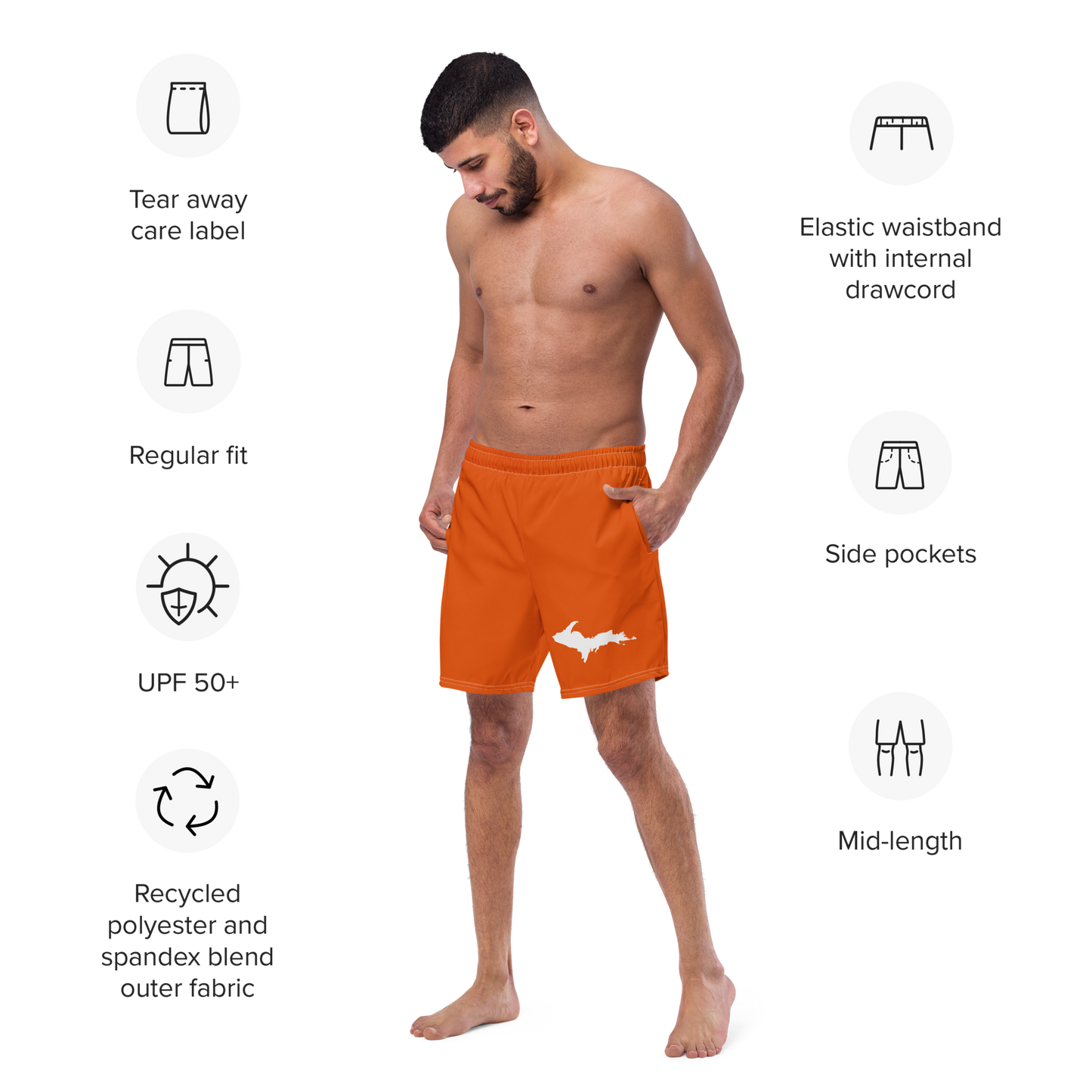 Michigan Upper Peninsula Men's Swim Trunks (w/ UP Outline ) | Maple Leaf Orange