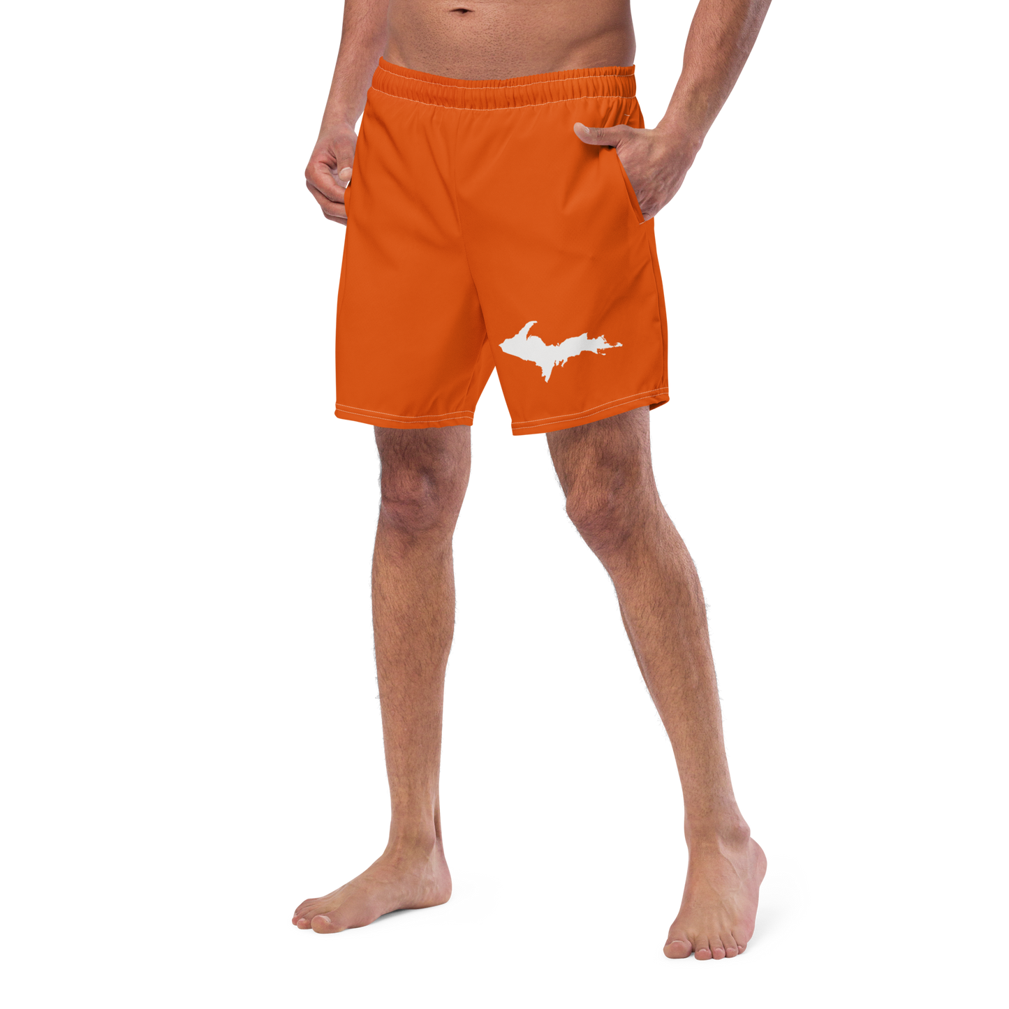 Michigan Upper Peninsula Men's Swim Trunks (w/ UP Outline ) | Maple Leaf Orange