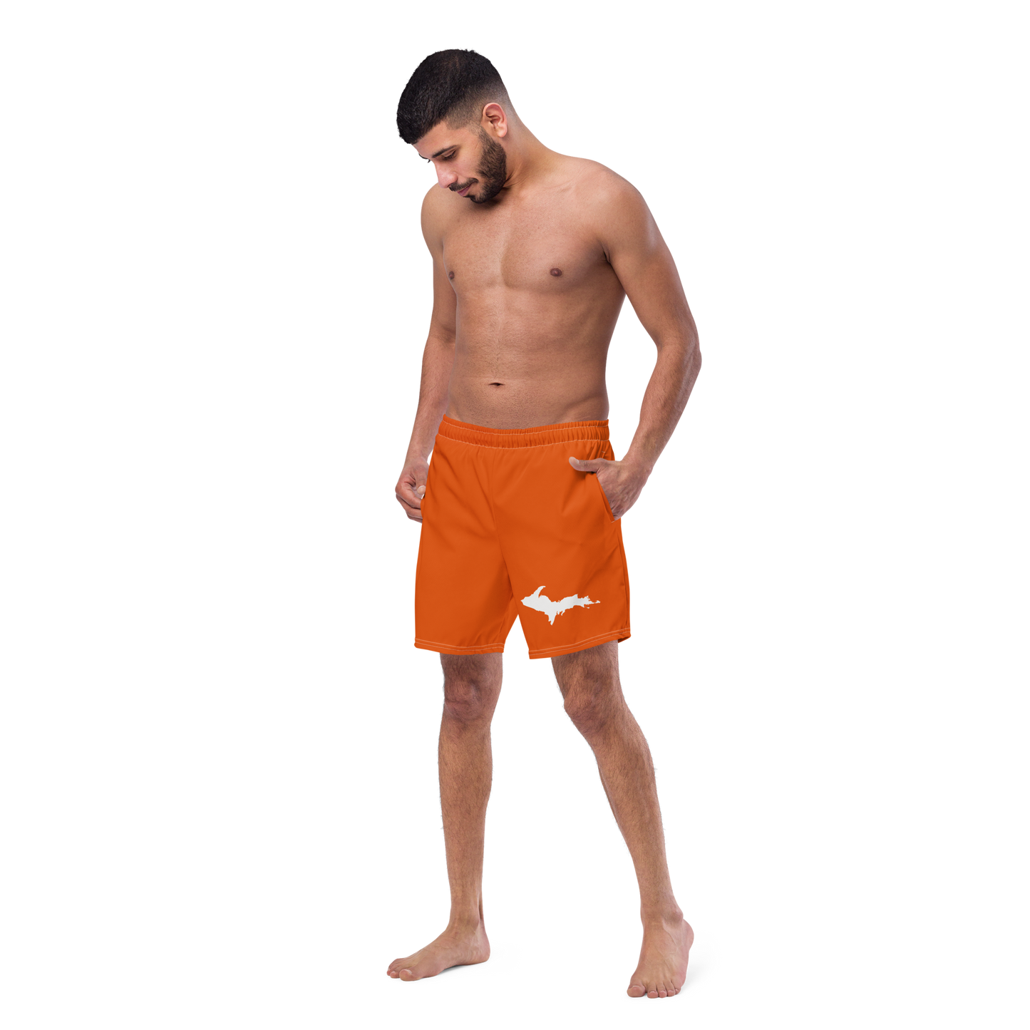 Michigan Upper Peninsula Men's Swim Trunks (w/ UP Outline ) | Maple Leaf Orange