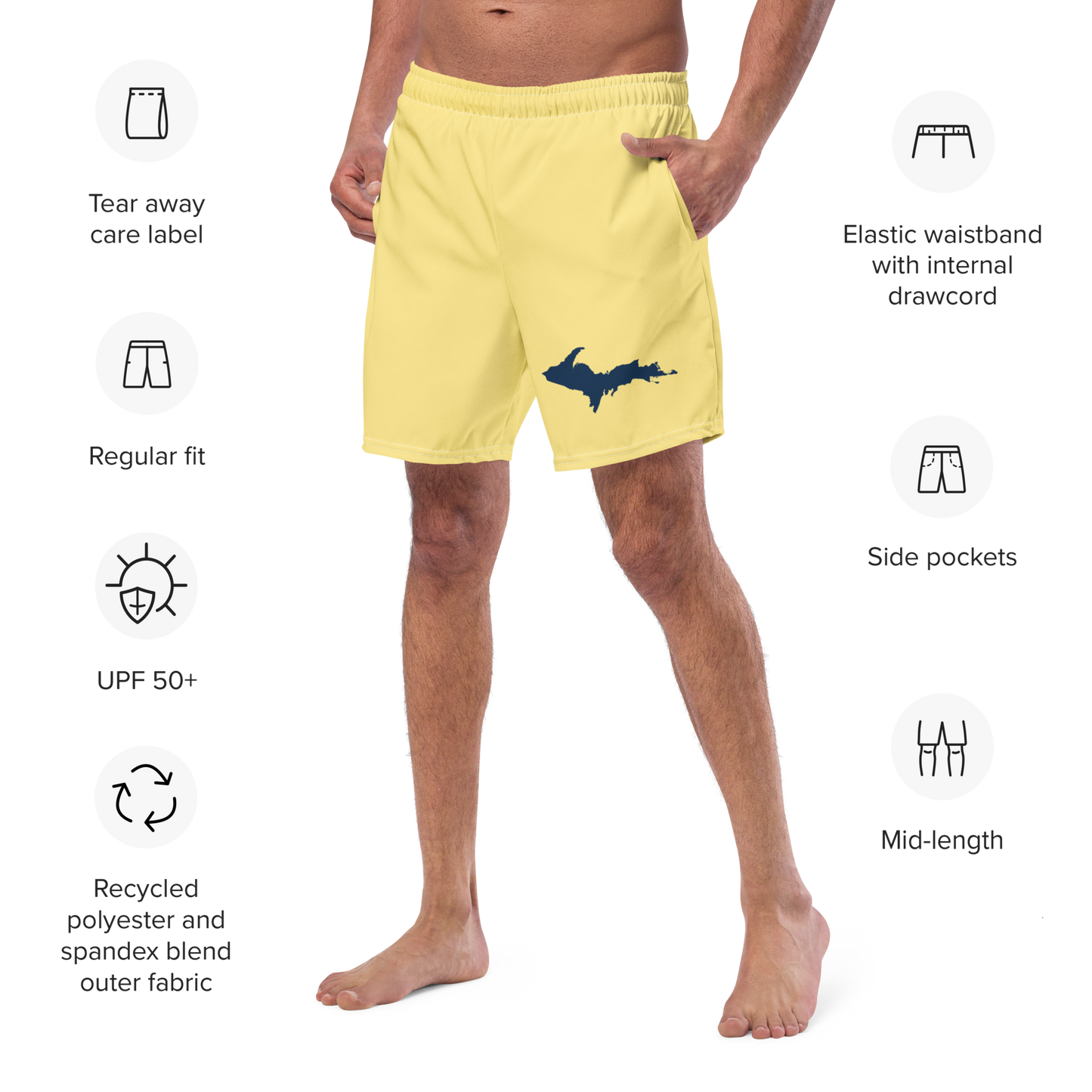 Michigan Upper Peninsula Men's Swim Trunks (w/ UP Outline) | Cherry Yellow