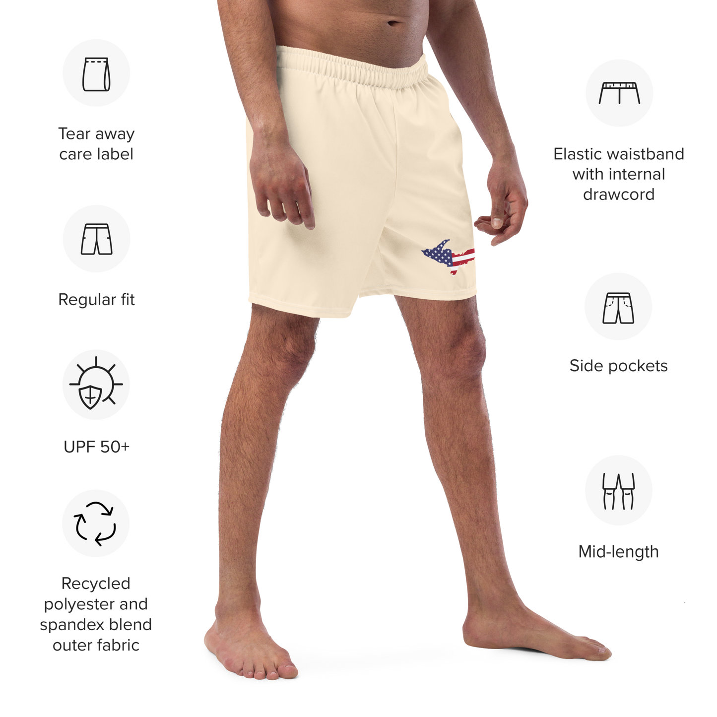 Michigan Upper Peninsula Men's Swim Trunks (w/ UP USA Flag ) | Champagne White