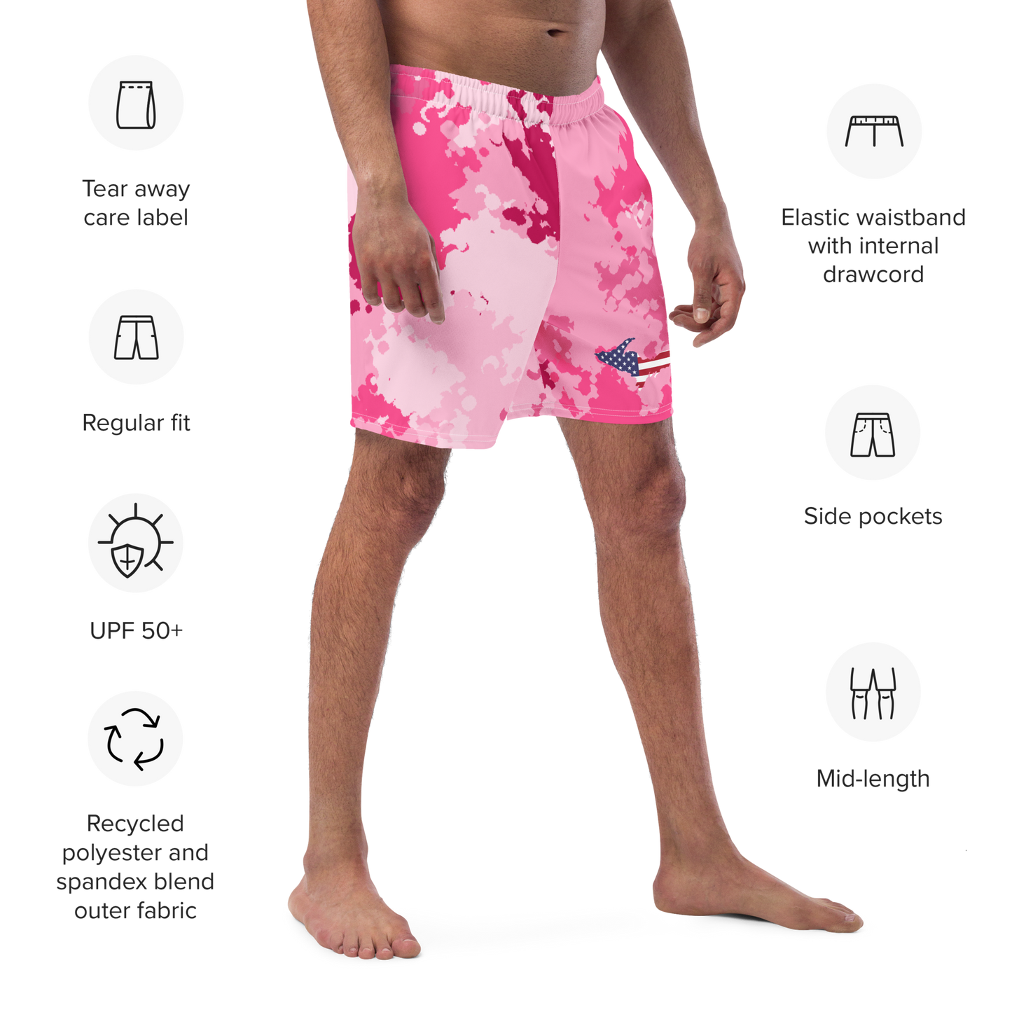 Michigan Upper Peninsula Men's Swim Trunks (w/ UP USA Flag ) | Pink Camo