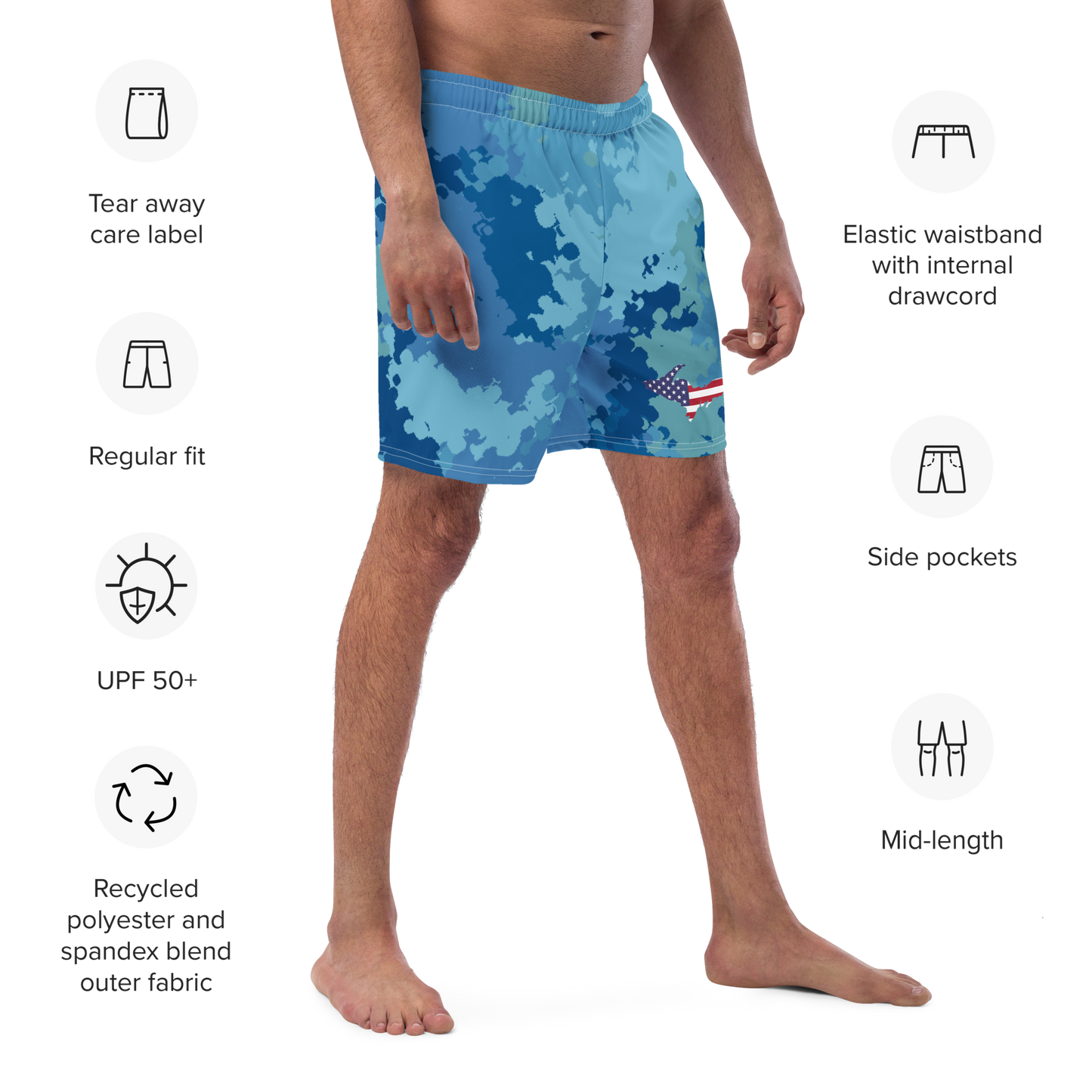 Michigan Upper Peninsula Men's Swim Trunks (w/ UP USA Flag ) | Great Lakes Camo