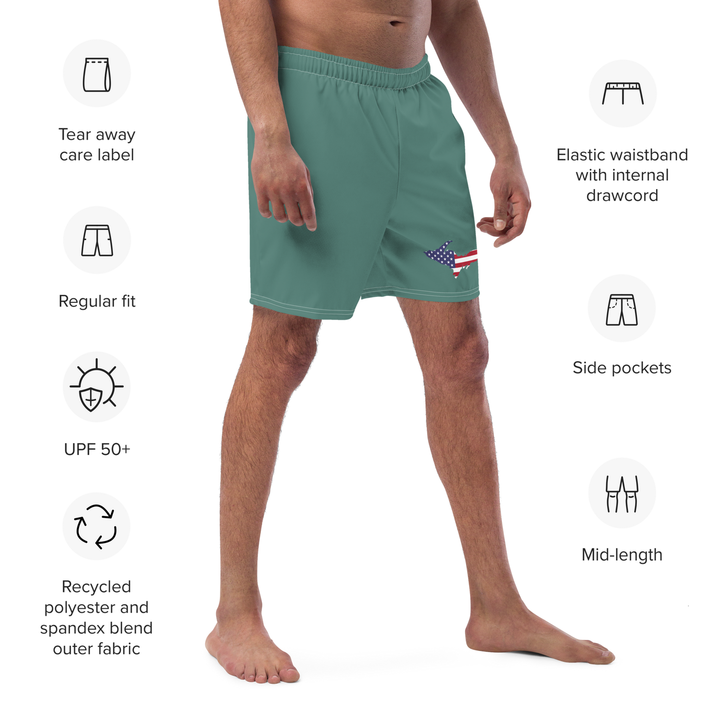 Michigan Upper Peninsula Men's Swim Trunks (w/ UP USA Flag ) | Copper Green