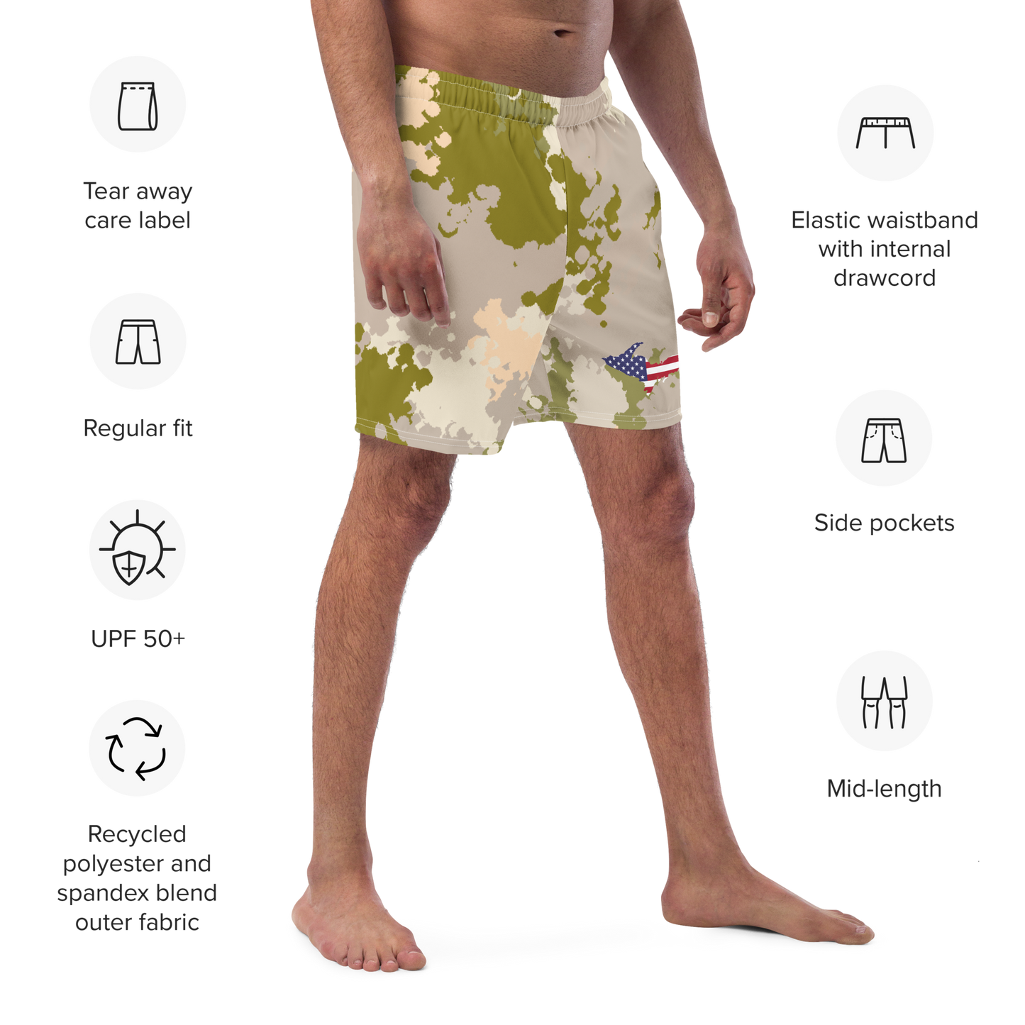 Michigan Upper Peninsula Men's Swim Trunks (w/ UP USA Flag ) | Rosy Mound Camo